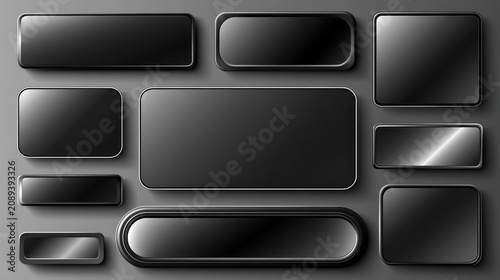 Set of black glossy rectangular buttons and UI elements isolated on white background