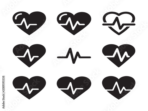 Heart Rate Icon Set Featuring Solid Black Silhouette Vector Illustrations