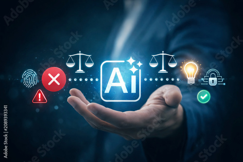 Businessman hand supports a glowing artificial intelligence icon surrounded by ethics and security symbols like weighing scales and fingerprints to represent responsible machine learning development.
