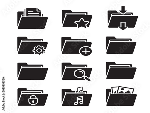 Solid Black Folder Icon Set for File Management and Digital Organization
