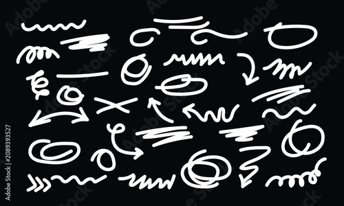 White high contrast hand drawn scribble marks pack on black background, creative white linear outlines underlines dividers arrows collection chart, minimal presentation layout assets