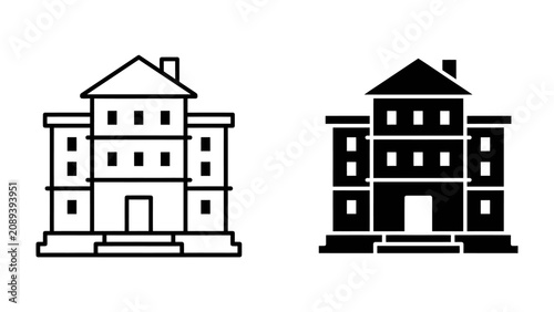 Photos Building Icons: Two stylized icons depicting a multi-story building with a gabled roof, one in outline and the other in solid black, representing architectural design and representation