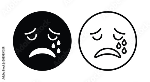 Tableau sur toile Crying face icons in black and white featuring a simple line art silhouette sadn