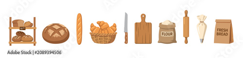 Artisan bakery and fresh bread icon collection featuring bread shelf round loaf baguette pastry basket bread knife cutting board flour bag rolling pin piping bag and paper bag