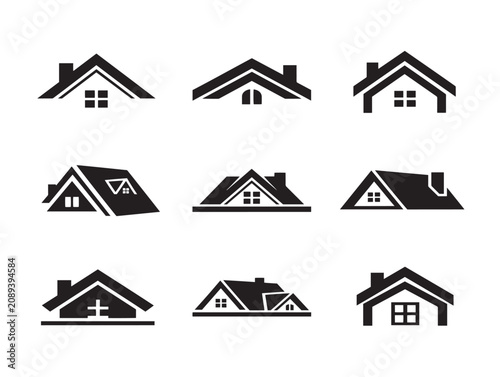 Set of Black House Roof Icons Representing Real Estate and Architecture Design