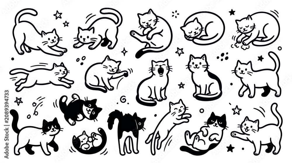 Obraz premium Collection of cute cartoon cats in various playful poses, depicted with simple black outlines on a clean white background