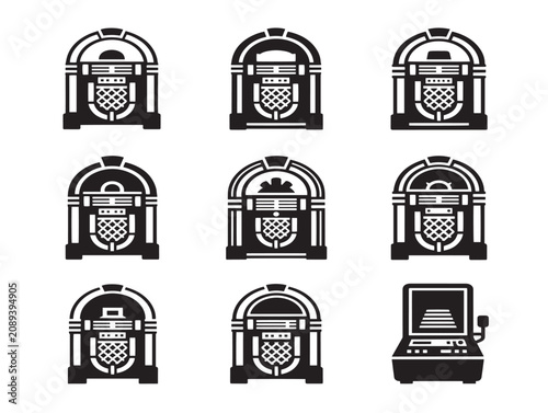 Solid black silhouette jukebox icons set for retro music player design