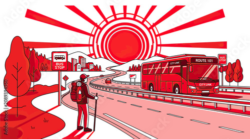 Fotografía Traveler with backpack at bus stop, red bus on highway, sunrise and city view il