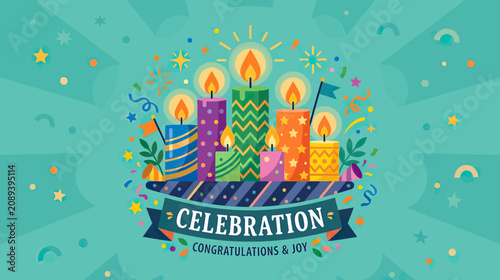 Принти на полотні Colorful Birthday Candles Celebration Background with Confetti and Stars