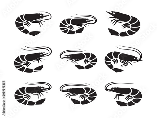 Black Silhouette Prawn Icon Set Featuring Various Shrimp Poses in Vector