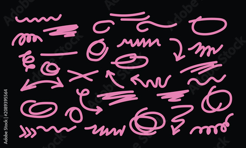 Aesthetic pastel pink hand drawn scribble marks pack on black background, creative linear underlines dividers circles arrows collection chart for trendy presentation layouts