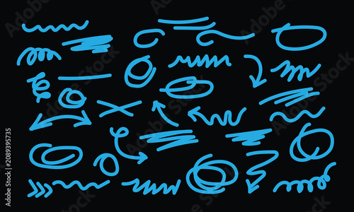 Electric cyan blue hand drawn quirky scribble lines chart on black background, matrix style neon linear dividers circles highlights arrows layout grid, tech style presentation graphics