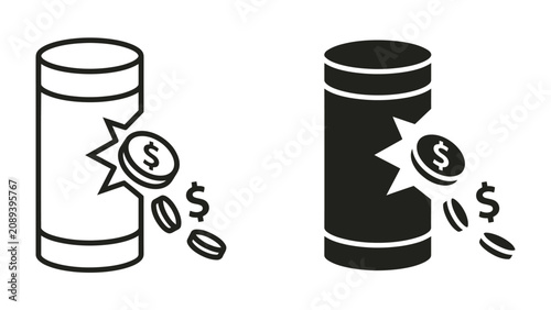 Coin Bank Broken: A visual representation of a broken coin bank, with coins spilling out, symbolizing financial loss or economic hardship.