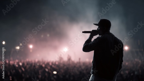 silhouette of a rapper with microphone on stage, fans on the background