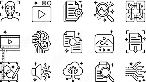 AI generated icons in line style. Artificial Intelligence star sparkle symbol. Digital brain, media, multimedia, buttons, folder, doc element for app, ... See More.eps
