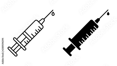 Photos Syringe Icon: A medical syringe with a drop of liquid at the tip, presented in both line art and solid silhouette forms, symbolizing medical treatment or vaccination