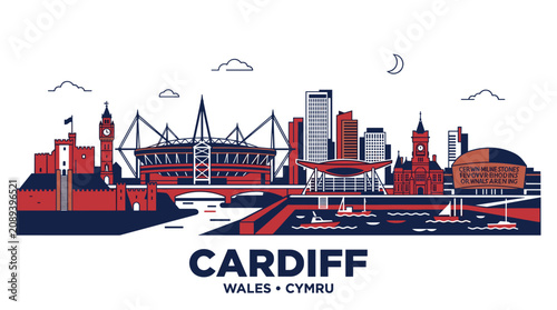 Cardiff Wales Skyline Vector Illustration in Flat Modern Retro Style with Navy Blue and Red Waterfront Cityscape