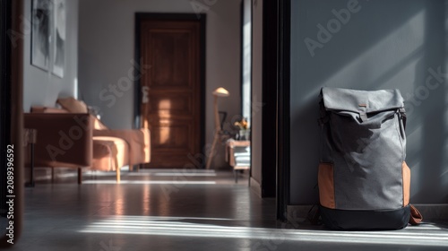 Minimal light apartment with packed backpack near the door