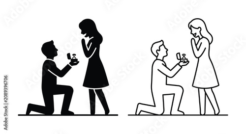 Schilderij op canvas Man proposing to woman with ring depicted in a black and white silhouette propos