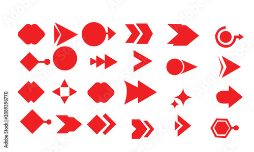 Striking crimson red geometric navigation arrow icons grid isolated on white background, vibrant red interface pointer elements chart, bold priority direction graphics bundle