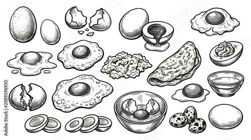 Various hand-drawn egg preparations including whole, cracked, fried, boiled, and scrambled eggs in a detailed sketch style on a clean white background