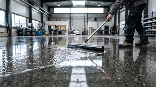 Professional industrial cleaning service worker using a heavy-duty floor squeegee on a polished concrete warehouse floor, janitorial maintenance in a modern factory facility with reflections.