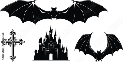 Halloween vector set bats castle and celtic cross black silhouette
