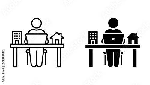 Real Estate Agent at Work: A stylized depiction of a person working at a desk with a laptop, flanked by miniature building and house models, symbolizing the real estate business.