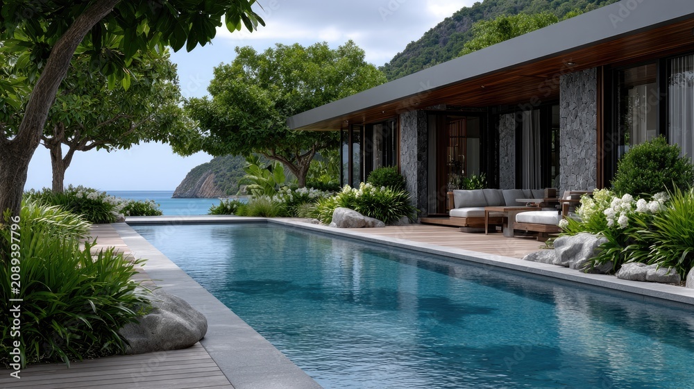 Fototapeta premium Luxury retirement eco resort offers views of ocean and mountains, featuring infinity pools and timber villas in garden settings during the golden sunrise