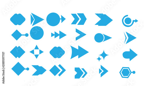 Bright sky blue geometric navigation arrow icons collection isolated on white background, fresh modern style interface pointer elements grid, clean web software layout graphics