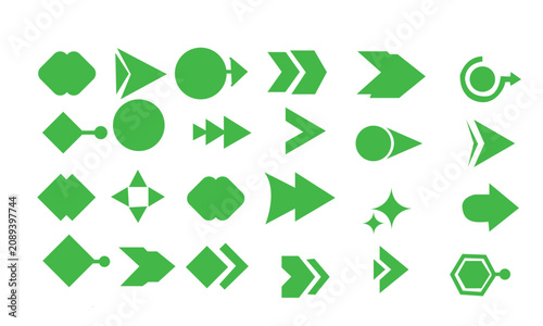 Fresh grass green geometric navigation arrow shapes layout isolated on white background, bright leaf green interface pointer grid, eco friendly direction indicators vector template