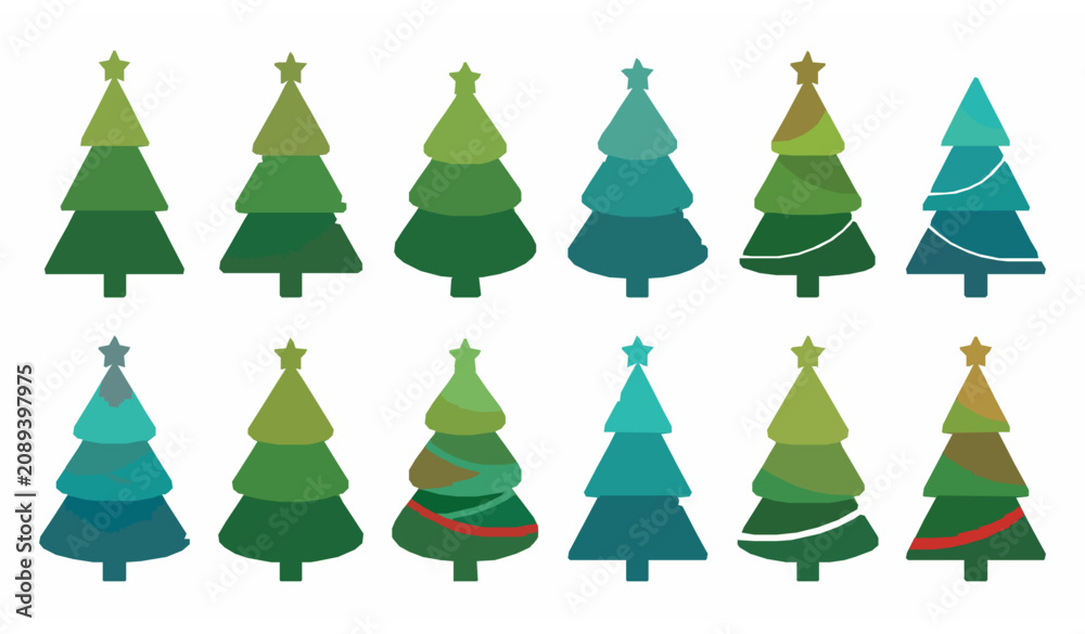 Fototapeta premium Flat Vector Decorated Christmas Tree Cartoon Icon Set