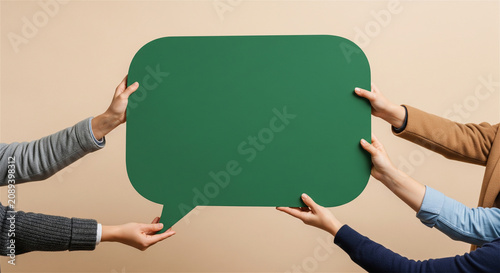 Green speech bubble held by diverse hands, empty message board for communication, blank dialogue cloud for social media marketing and feedback