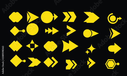Golden yellow geometric navigation arrow icons bundle on black background, premium gold tone interface pointer shapes chart, high contrast creative direction indicators vector layout