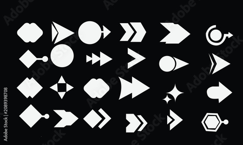 White high contrast geometric navigation arrow symbols chart on black background, crisp clean interface pointer shapes grid, universal minimal direction indicators stencil bundle