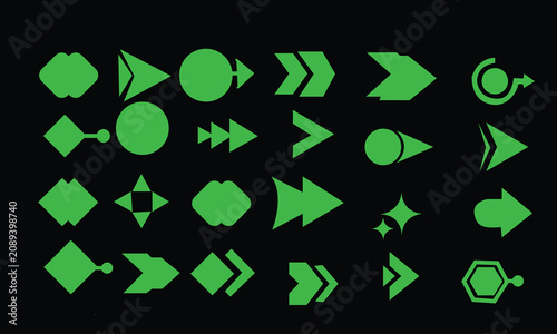Vibrant green neon geometric navigation arrow icons grid on black background, toxic green interface pointer shapes chart, biological matrix style direction indicators vector pack