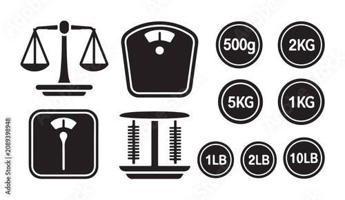 Obraz na płótnie Weight measurement equipment and mass units stickers set for grocery and gym applications