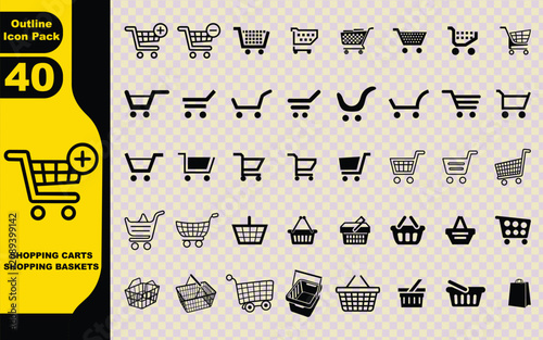 Black vector icons set representing shopping carts and shopping baskets