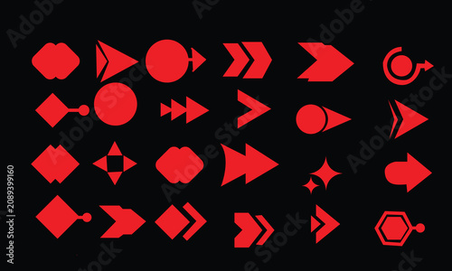 Striking red geometric navigation arrow symbols pack on black background, vibrant crimson interface pointer shapes chart, bold dynamic presentation direction indicators bundle