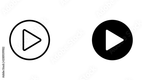 Fotografi Play Button Iconography: A set of two distinct play button icons, one outlined in white and the other solid black, symbolizing media playback and user interface controls