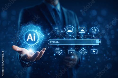 Businessman holds a floating holographic interface displaying artificial intelligence icons and a search prompt, symbolizing the integration of advanced smart software into modern corporate decision.