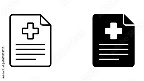Картината върху платно Medical Document Icons: Two simple graphic representations of a medical document, one in outline and one in solid black, featuring a prominent cross symbol