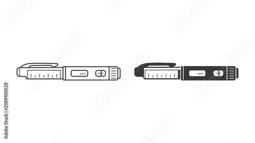 Insulin Pen Icons: Two clear icons representing an insulin pen, one in outline and one in solid black, showcase a medical device essential for diabetes management.