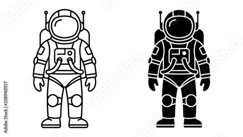 Bild auf Leinwand Astronaut Icons: Two stylized icons of an astronaut in a spacesuit, one in outline and the other in silhouette, representing space exploration and scientific endeavor