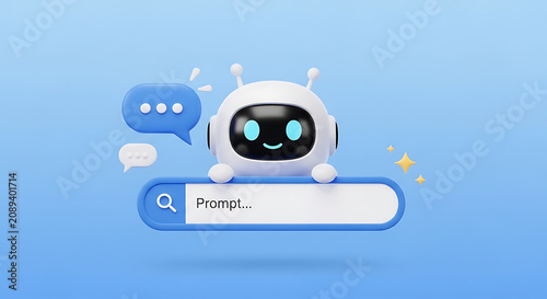 Obraz na płótnie Smiling 3D AI assistant bot interacting with an input prompt box and message bubbles