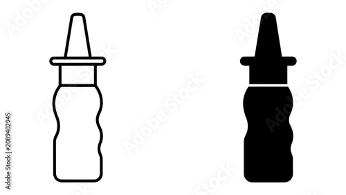 Nasal Spray Bottle Icon: A clear, modern vector graphic illustrating a nasal spray bottle in both outline and solid black form, representing health and medical treatment.
