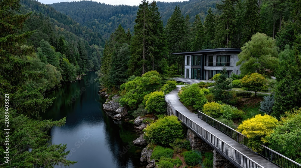 Fototapeta premium Luxury forest wellness pavilions stand above a dense pine forest with walkways connecting them and infinity pools at sunrise near a mountain lake