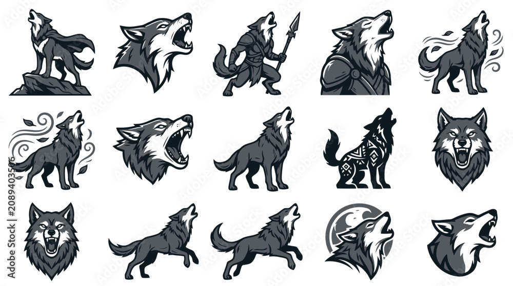 Fototapeta premium Black and white wolf silhouettes and minimalist mascot logos.