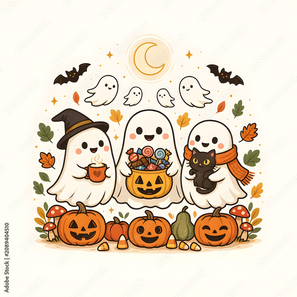 Naklejka premium Ghosts celebrate Halloween with a basket of candy and a warm mug while holding a small black cat near carved jack-o-lanterns.