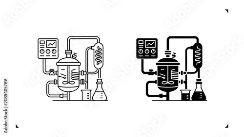 Photography Laboratory Apparatus Set: Two distinct representations, one line art and one silhouette, showcase a chemical laboratory apparatus featuring a fermenter, condenser